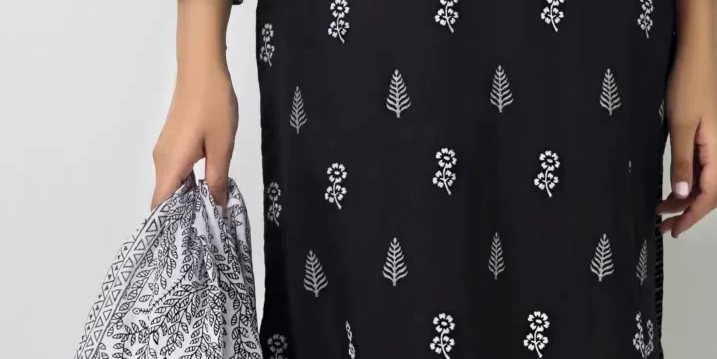 Black block printed shirt with capri pants & matching block printed dupatta