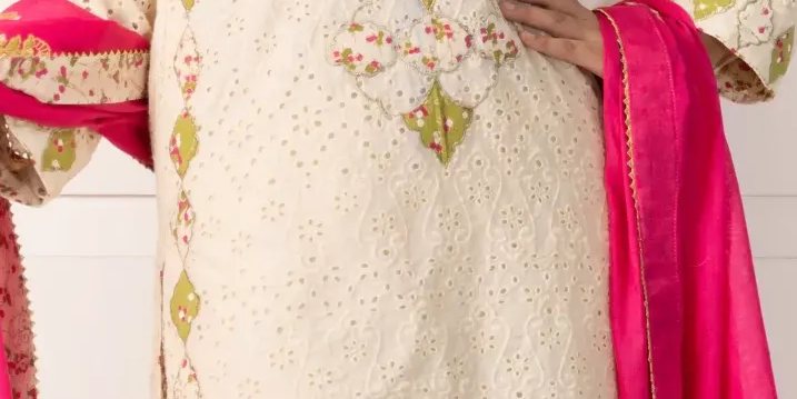 Off White Chikan Shirt with Blockprint & Applique Detailing Paired with Hot Pink Dupatta – SHK-943