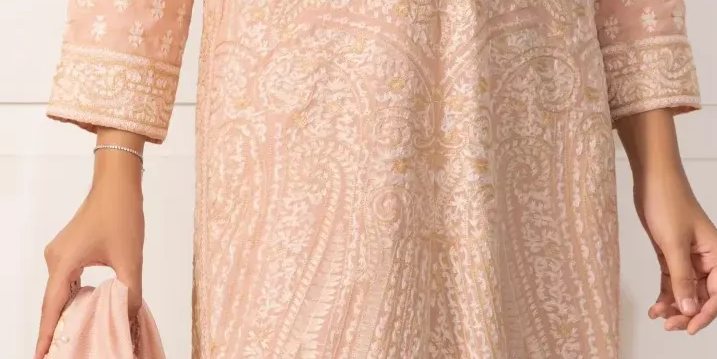 Tea Pink Fully Embroidered kaftan with Khaadi Net Dupatta with Detailing – SHK-954