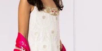 Off-white Shirt with Gold Embroidery Detailing with Crushed Azaar & Hot Pink Dupatta – SHKK-950