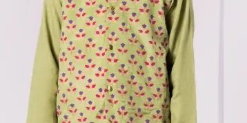 Sea Green Kurta with White Shalwar & Block-Printed Waist Coat – SHKK-953