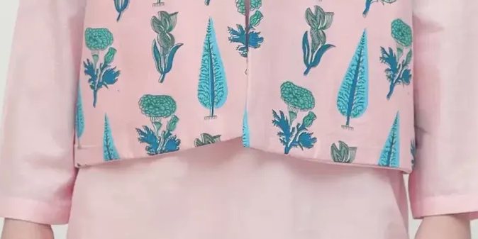 Pink chikan kurta pyjama with blockprinted waist coat – SHKK-983