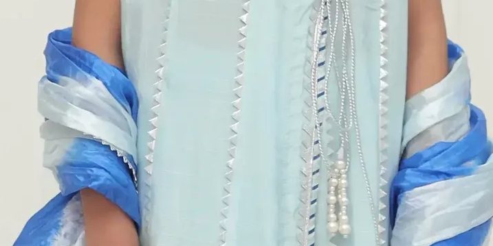 Light blue blockprinted angarkha with jamavar capri & dupatta – SHKK-982
