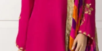 Hot Pink Silk Shirt with Antique Gold Work Paired with Shalwar & Shaded Dupatta – SHK-1046