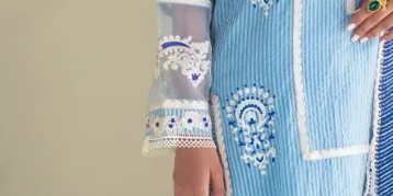 Light blue khaadi net shirt with white embroidery paired with light blue shalwar & white net dupatta – SHK-969