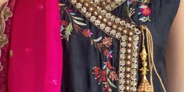 Black embroidered kattan silk angarkha with black capri and hot pink organza dupatta – SHK-965