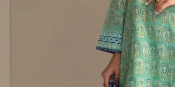 Olive green & blue block printed shirt with matching dupatta & azaar – SHK-977