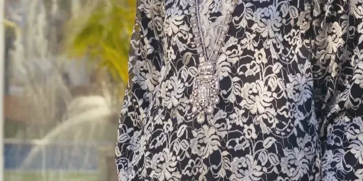 Black Chantilly Lace Shirt with Stone Work Detailing Paired with Black Azaar Pants – SHK-932