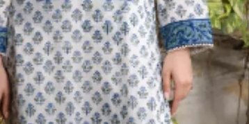 White Long Shirt With Blue Block Print Paired With Block Printed Azaar Pants – SHK-1064