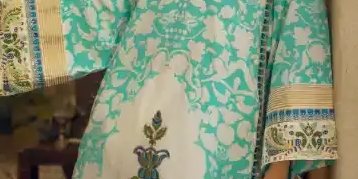Off-white firdous tunic with blue green block print paired with contrasting shalwar – SHK-1088