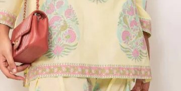Yellow Chikan Shirt With Block Print Detailing Paired With Matching Shalwar – Shk-1123