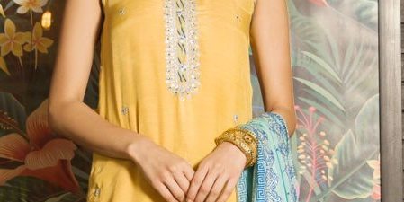 Mustard raw silk shirt with silver hand work paired with block printed gharara & dupatta – SHK-1134