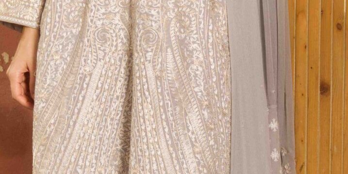 Grey kaftan with gold detailing paired with matching capri & chiffon dupatta – SHK-1138