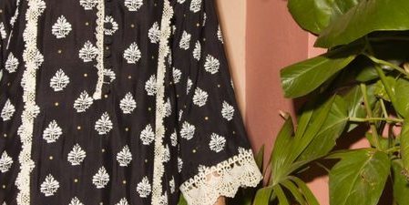 Black cotton net shirt with white detailing paired with matching azaar & black – SHK-1142