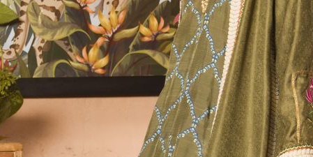 Olive green katan silk coat with multicoloured arri work paired with block printed slip & capri pants – SHK-1136