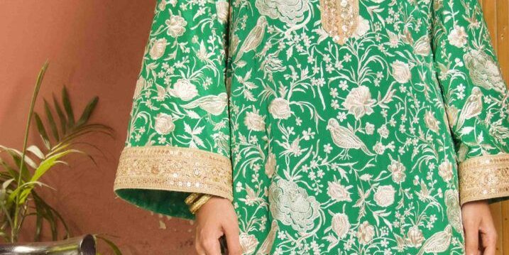 Emerald green kaftan with traditional parsi garra embroidery paired with matching capri pants – SHK-1139