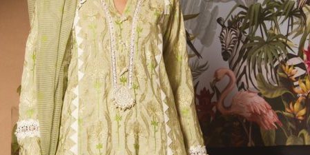 Mint green shirt with white embroidery detailing paired with chikan azaar paired with coordinated block printed dupatta – SHK-1141