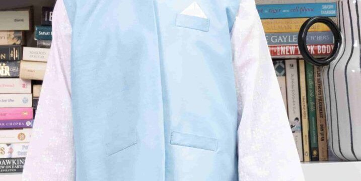 White Cotton Kurta Pyjama With Light Blue Waistcoat – Shkk-1152
