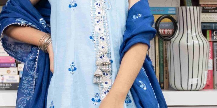 Light Blue Embroidered Anarkali With Matching Azaar & Block Printed Dupatta – Shkk-1146
