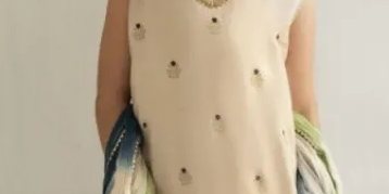 Beige Daman Shirt with Block Gharara Set
