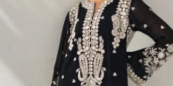 Midnight Black Silver Embroidered Chiffon Suit