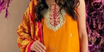 Orange cotton net shirt with zari & gotaa detailing paired with orange & red blockprinted gharara & dupatta – SHK-1024