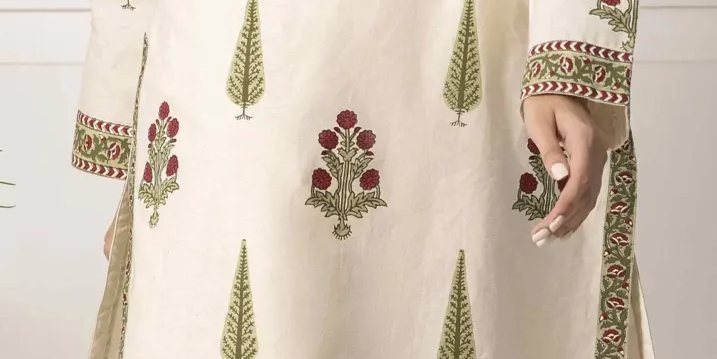 Off White Block Printed Cotton Shirt With Matching Shalwar With Detailing