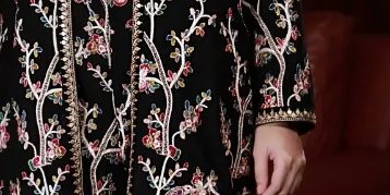 Black Chiffon Embroidered Long Coat with Black Slip & Embroidered Azaar – SHK-1031
