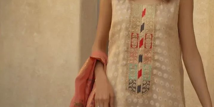 Beige shaded long shirt with embellishment paired with satin block printed gharara & dupatta – SHK-1083