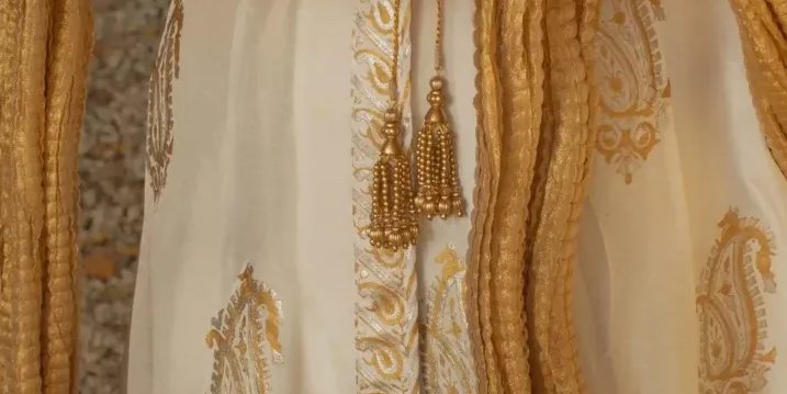 Off white anarkali with silver & gold block print paired with crushed gold azaar & dupatta – SHKK-1091