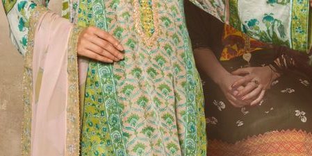Green silk kaftan with gold embellishment paired with matching azaar & chiffon block printed dupatta – SHK-1143