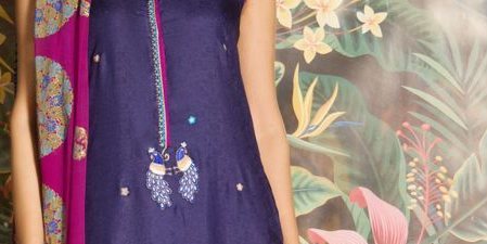 Navy kattan silk shirt with handworked embroidered detailing paired with matching capri & contrasting chiffon dupatta – SHK-1137