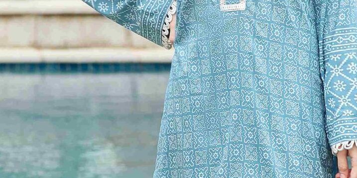 Light blue & white block printed ajrak shirt with matching shalwar – SHK-1193