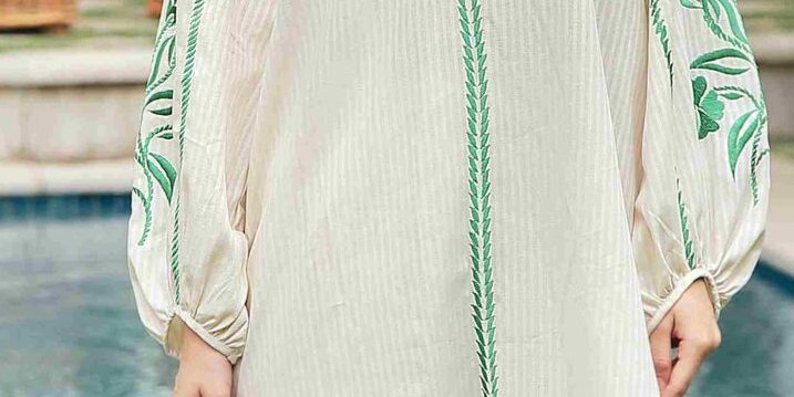 Beige irish linen shirt with green detailing paired with matching azaar – SHK-1196