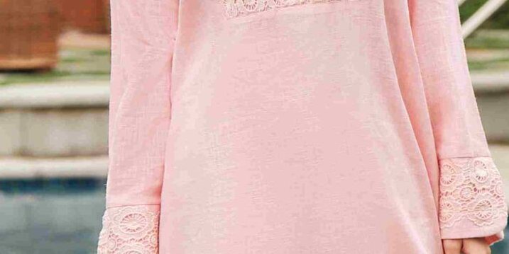 Peach irish linen shirt with lace detailing paired with matching shalwar – SHK-1195