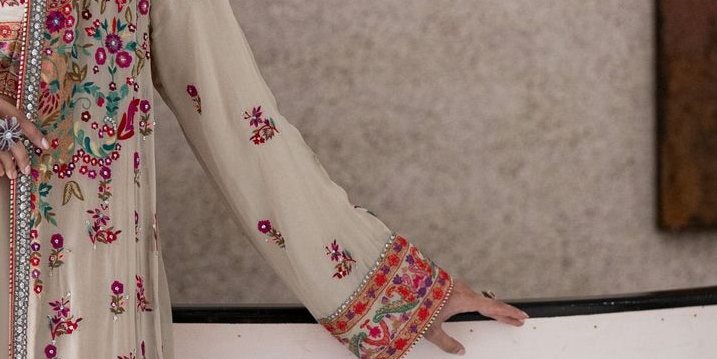 Beige Arri Embroidered Chiffon Long Coat with Silk Sarong