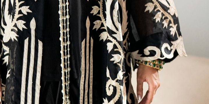 Black Cutwork Net Long Coat with Silk Sarong