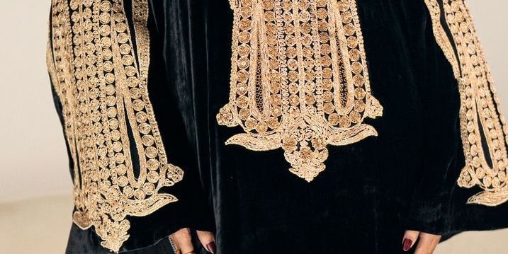 Black Velvet Kaftan with Antique Gold Dori