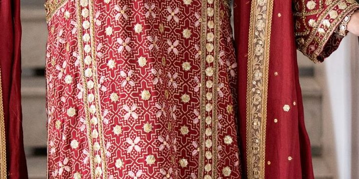 Burgundy Ajrak Silk Shirt with Gotta and Izaar