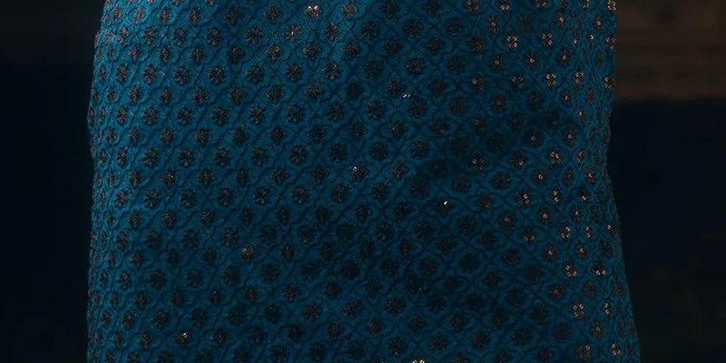 Deep Teal Blue Tropical Silk Embroidered Kurta Farshi Shalwar Set