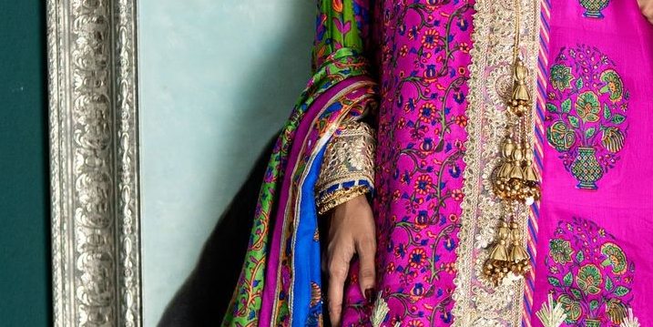 Hot Pink Block Print Angrakha with Jamawar Dhaka Pajama