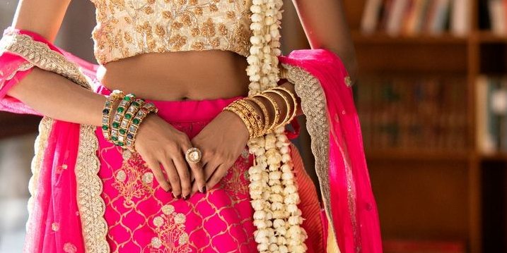 Hot Pink Block Print Lehenga with Gold Embellished Choli