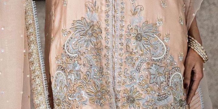 Peach Cutwork Sheesha Silk Shirt with Flared Dhaka Pajama