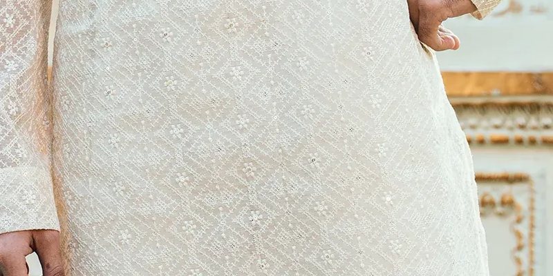 Pearl White & Sage Green Silk Embroidered Kurta Pajama Set