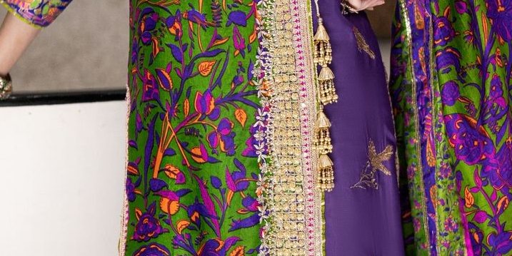 Purple Block Print Silk Angrakha with Crushed Farshi Gharara