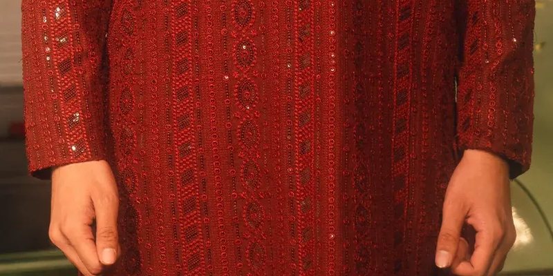 Scarlet Red Tropical Silk Embroidered Kurta Pajama Set