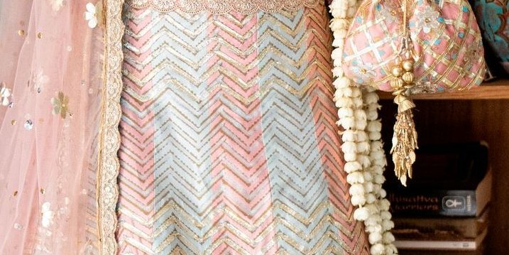 Tea Pink Block Print Lehenga with Sequin Choli