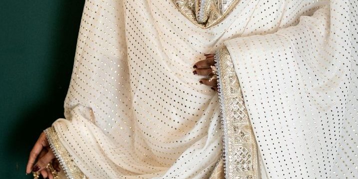 White Mukaish Chiffon Shirt with Jamawar Farshi Gharara